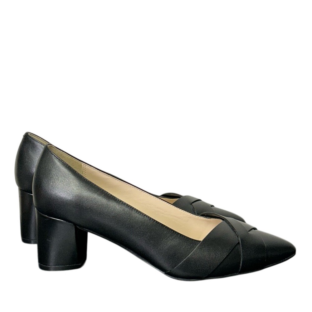 Cole Haan Black Leather Pump Block Heels Pointed Toe Woven Detail Size 7B